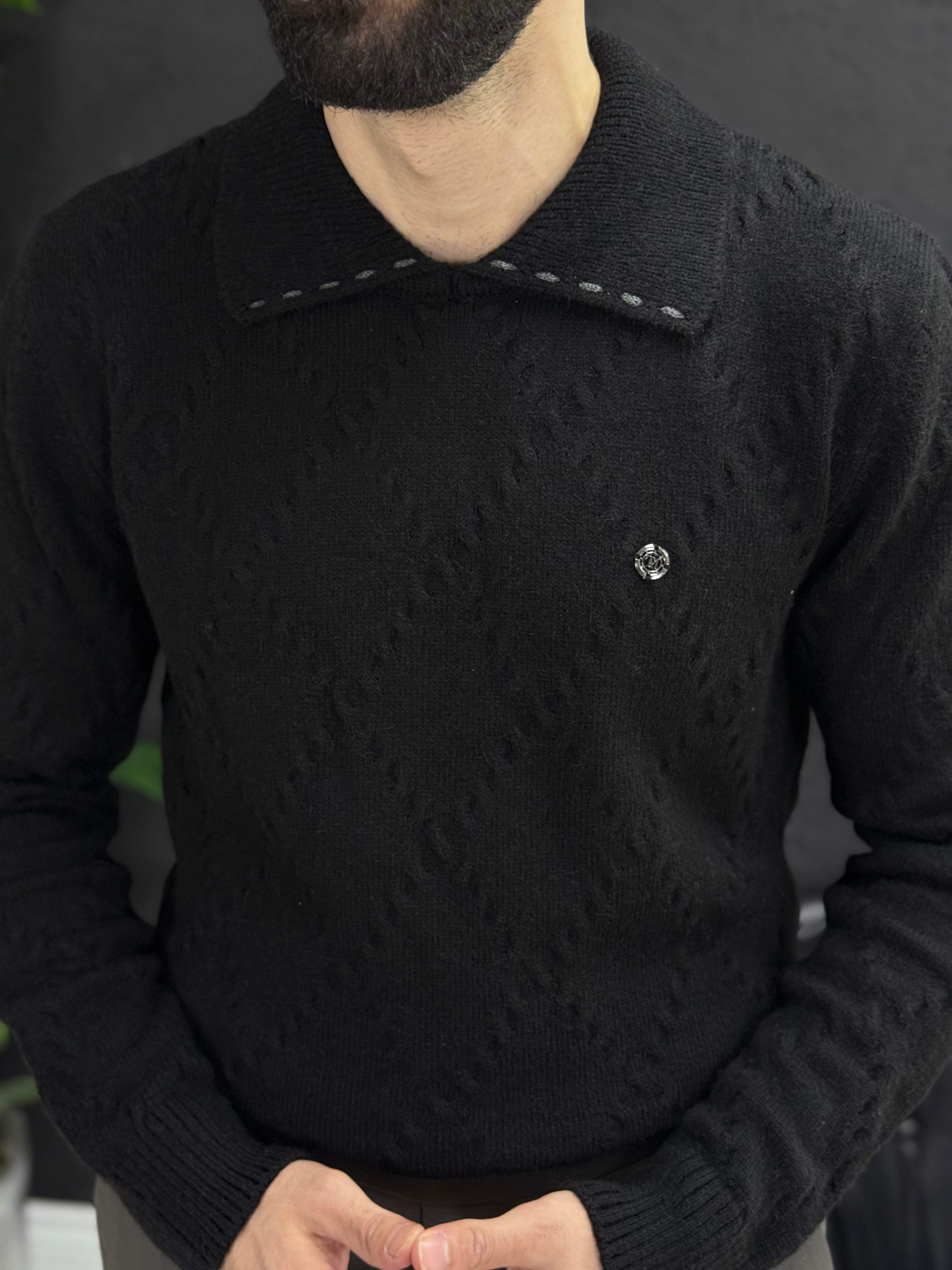 %100 yün kumaş Polo yaka kendinden desenli