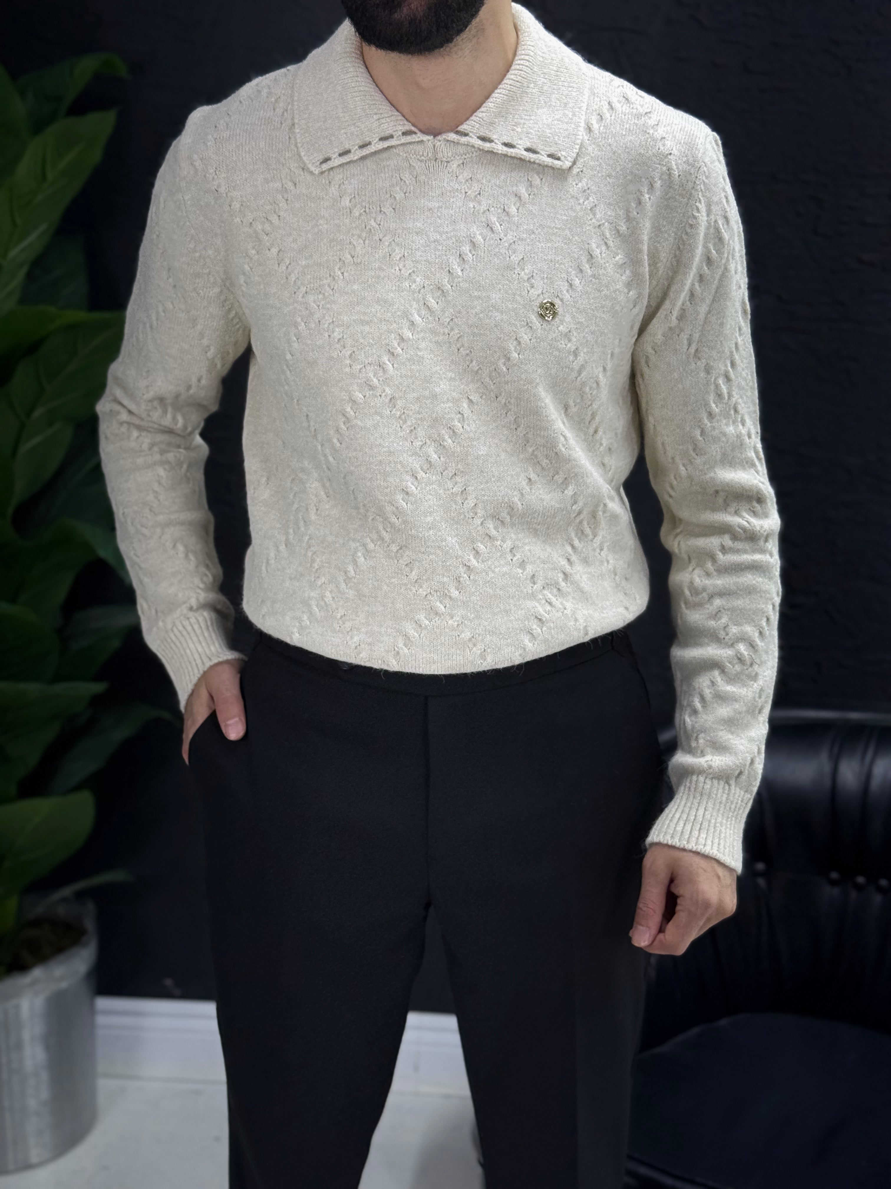 %100 yün kumaş Polo yaka kendinden desenli