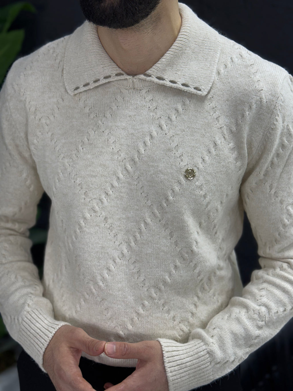 %100 yün kumaş Polo yaka kendinden desenli