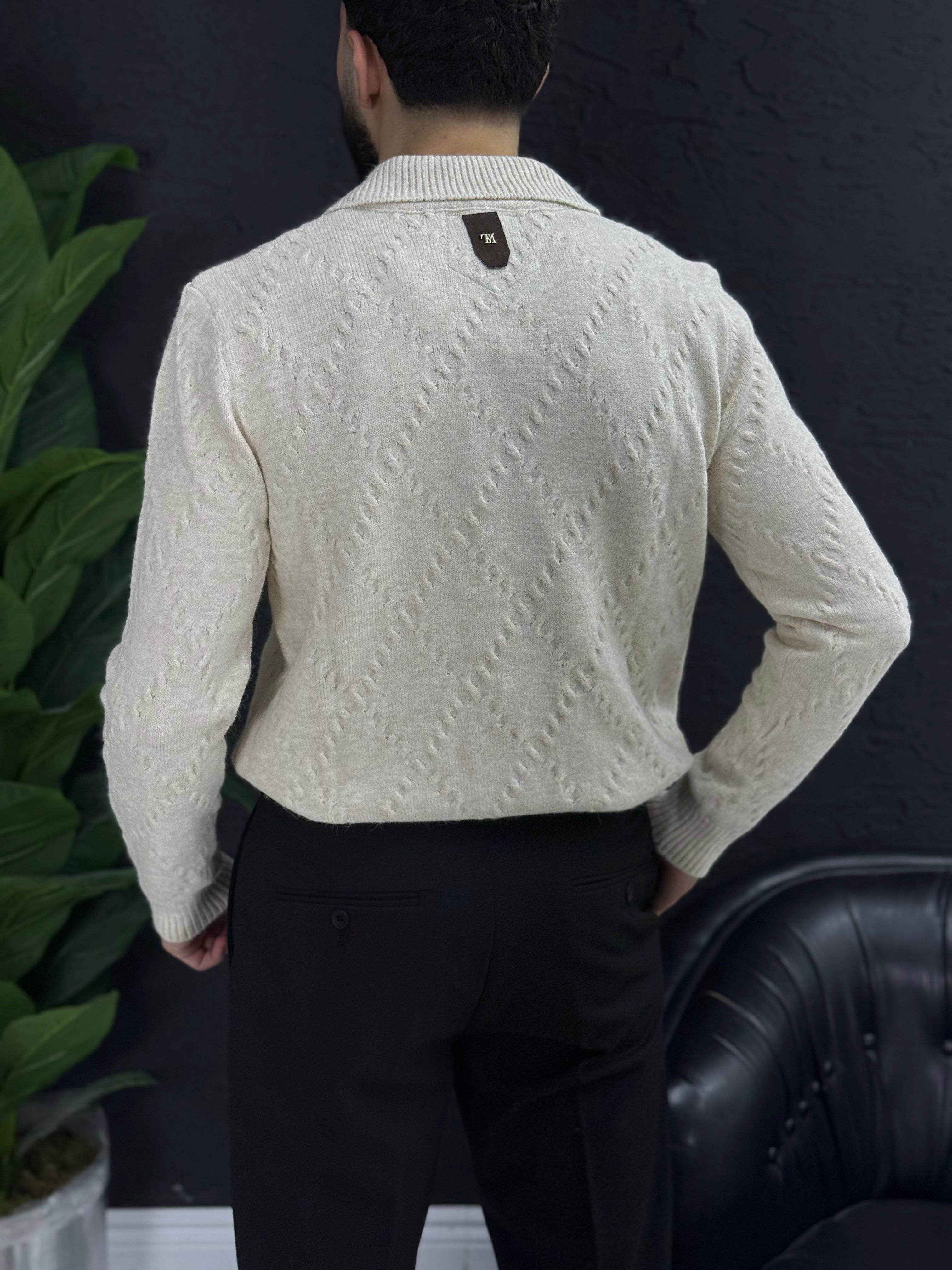 %100 yün kumaş Polo yaka kendinden desenli