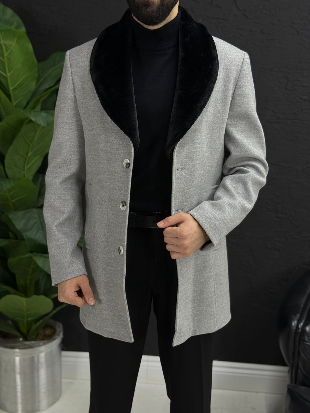 Klasik Körüklü yaka kısa kaşe kaban üç düğmeli kalıp Slim fit