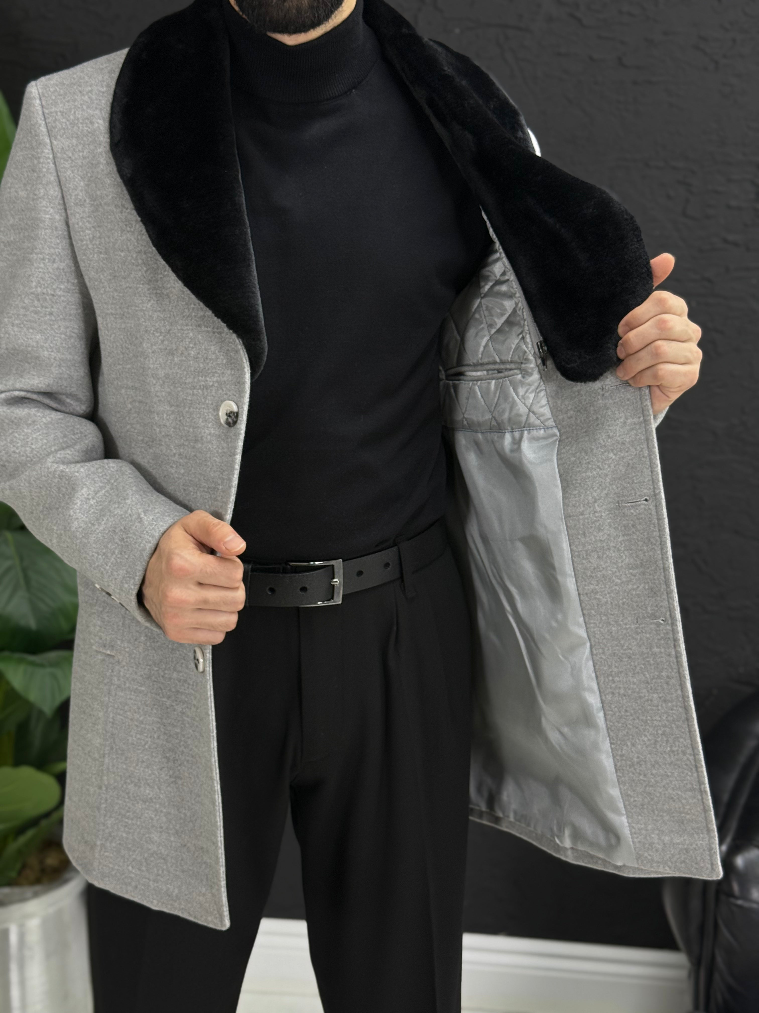 Klasik Körüklü yaka kısa kaşe kaban üç düğmeli kalıp Slim fit