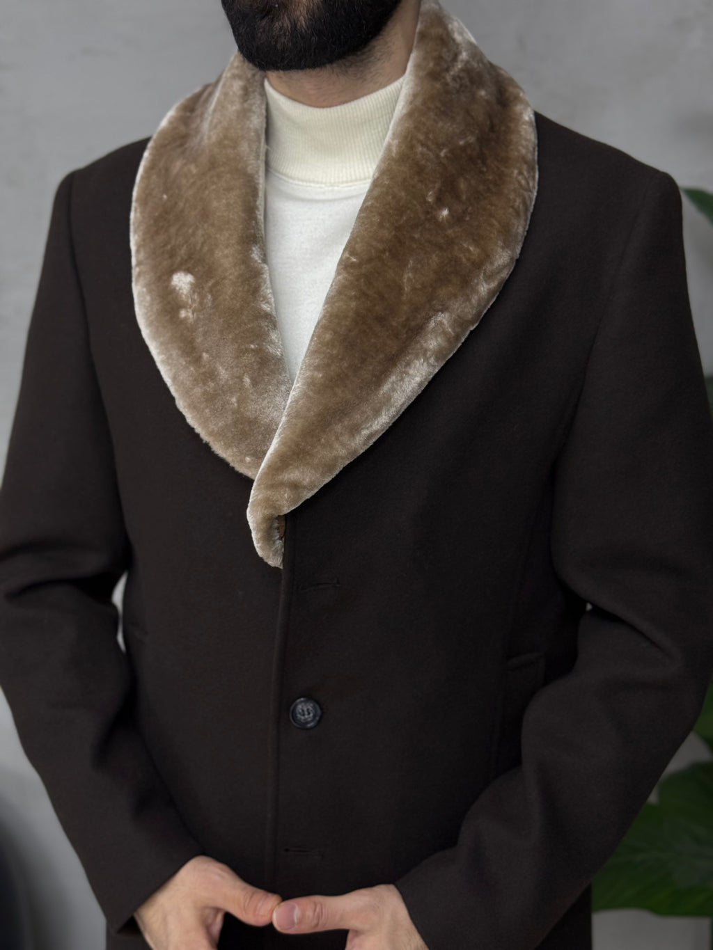 Klasik Körüklü yaka kısa kaşe kaban üç düğmeli kalıp Slim fit