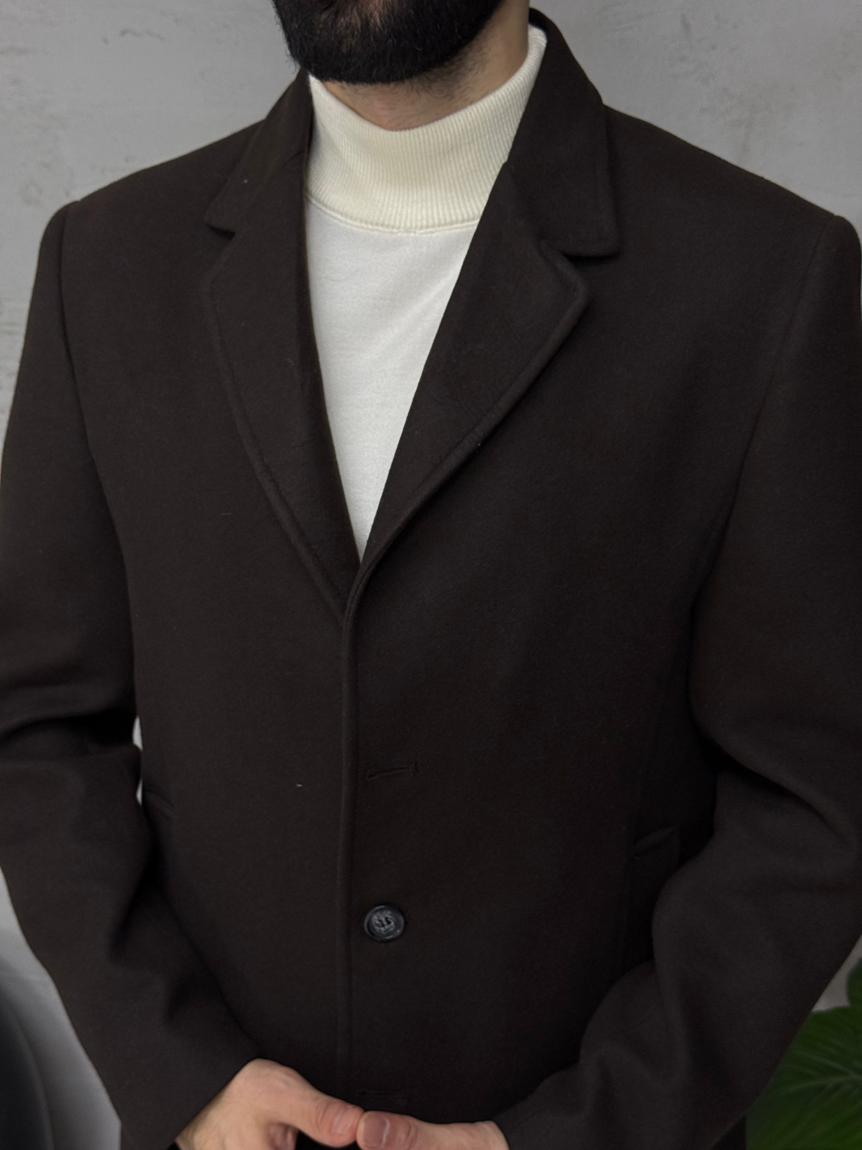 Klasik Körüklü yaka kısa kaşe kaban üç düğmeli kalıp Slim fit