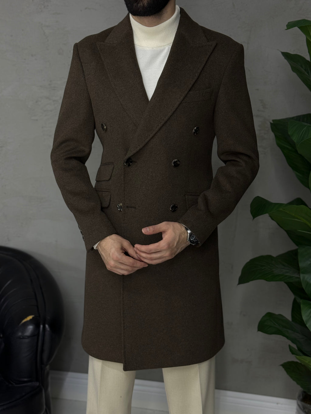 Uzun klasik kaşe kaban kalıbı Slim fit düğmeli