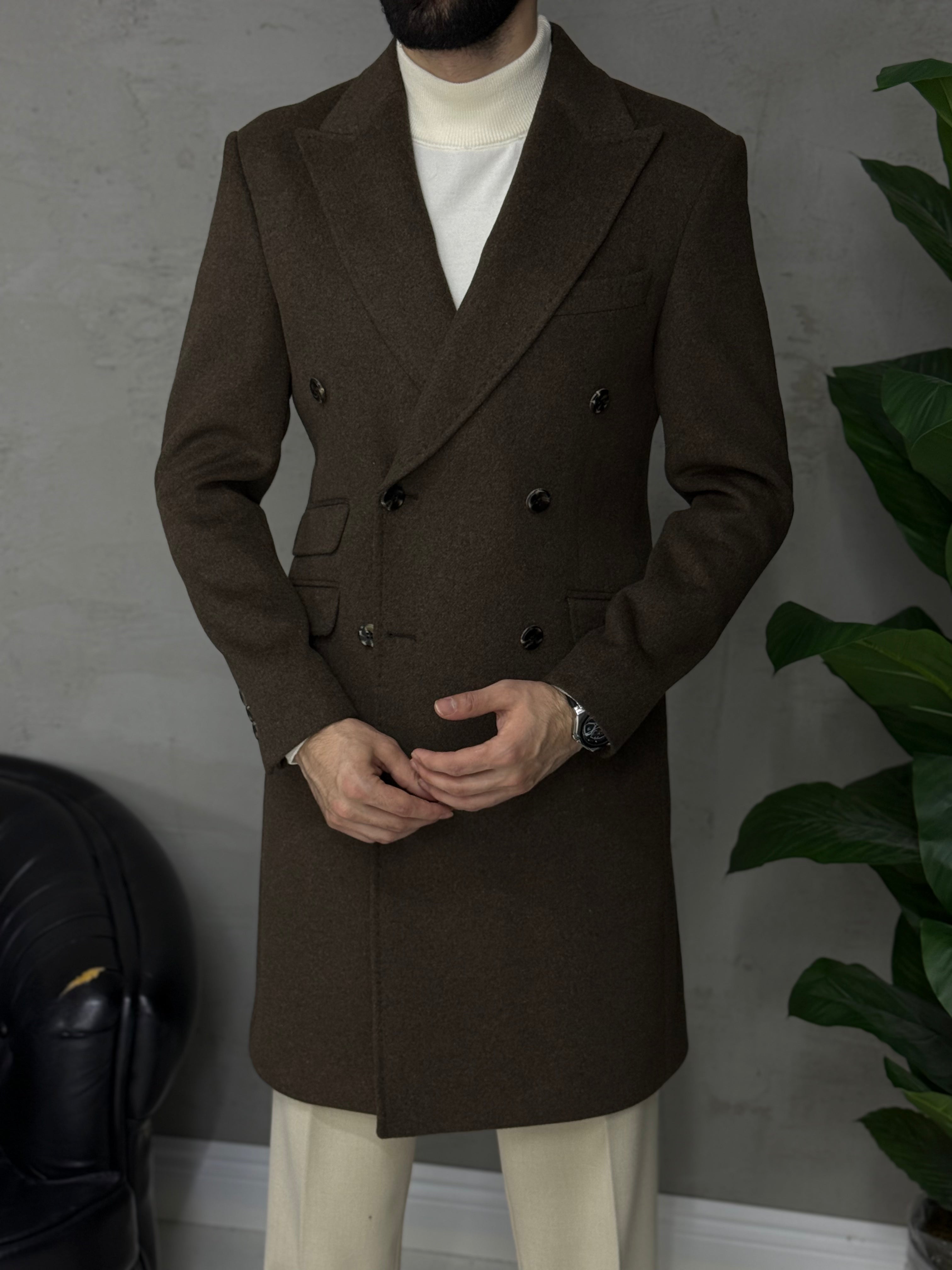 Uzun klasik kaşe kaban kalıbı Slim fit düğmeli