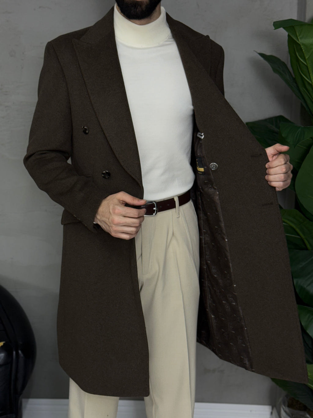 Uzun klasik kaşe kaban kalıbı Slim fit düğmeli