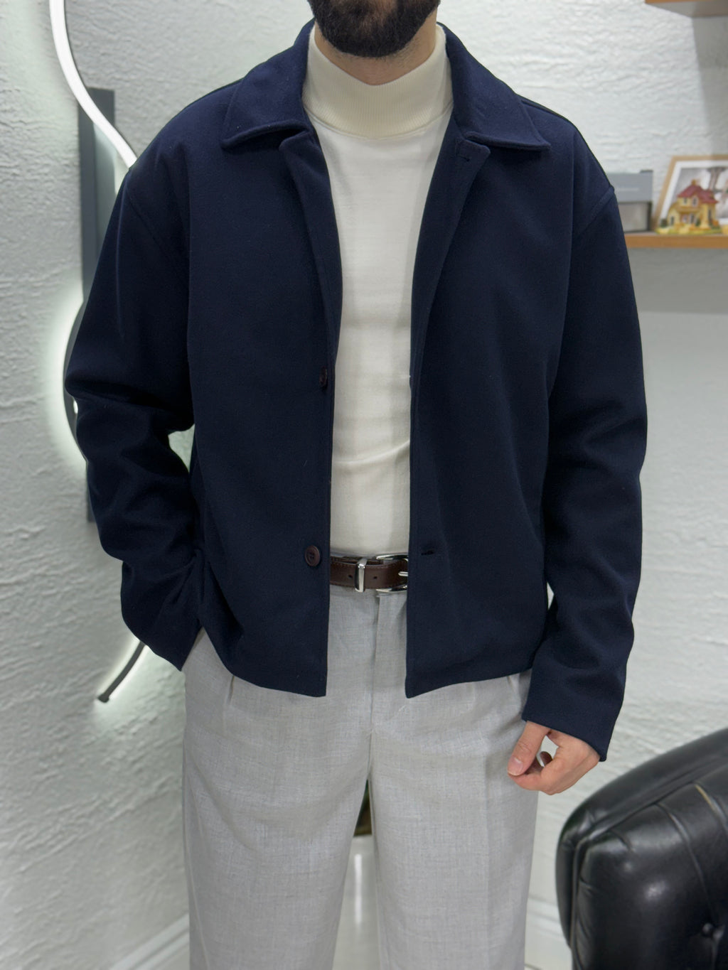 Polo yaka kısa Kaşı ceket düğmeli içi tamamen astarlı